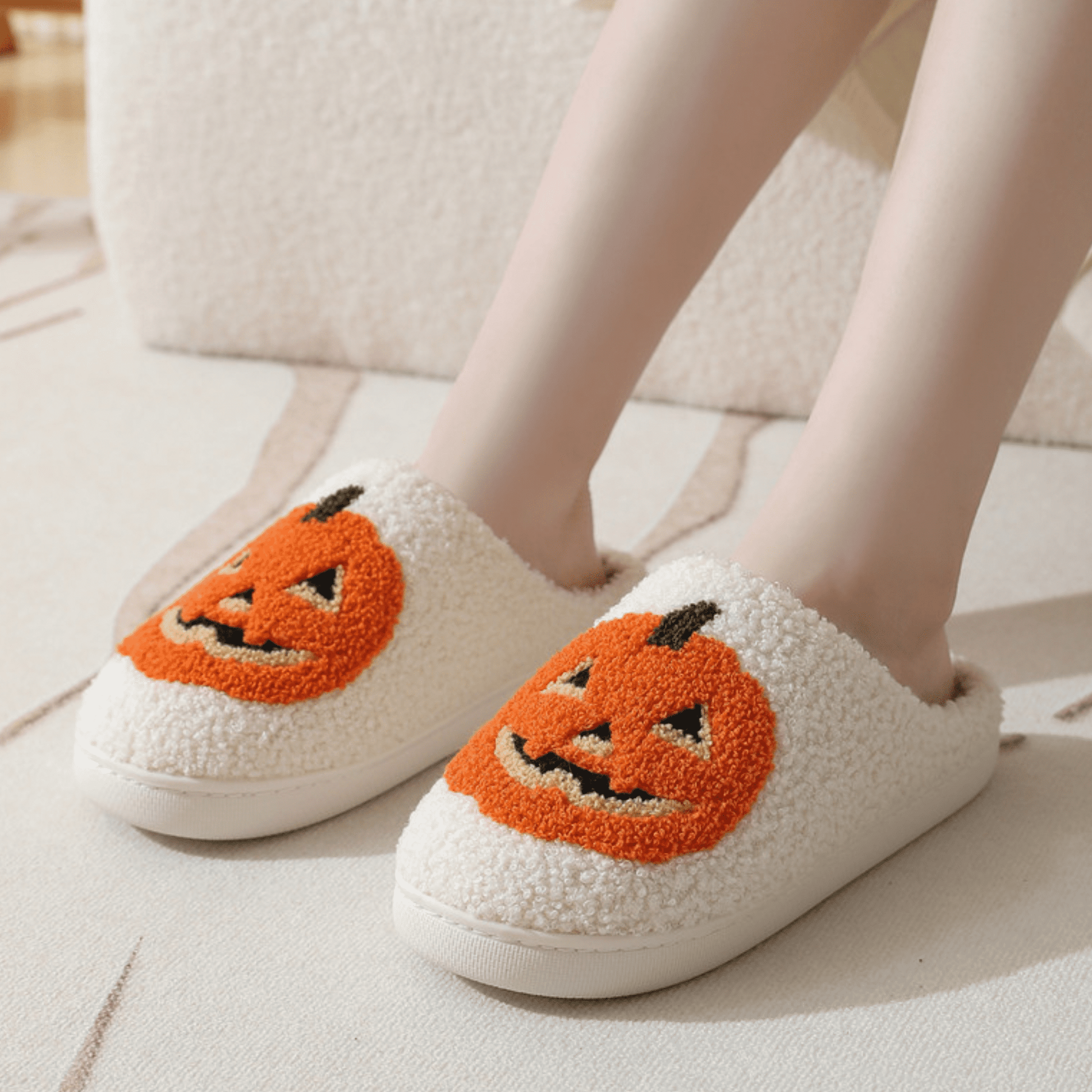 Cute Halloween Slippers for Women Perfect Soft Plush Comfy Warm Slip-On Halloween Pumpkin Slippers Fo Women Indoor Fluffy House Slippers for Women and Men Non-Slip Fuzzy Flat Slides